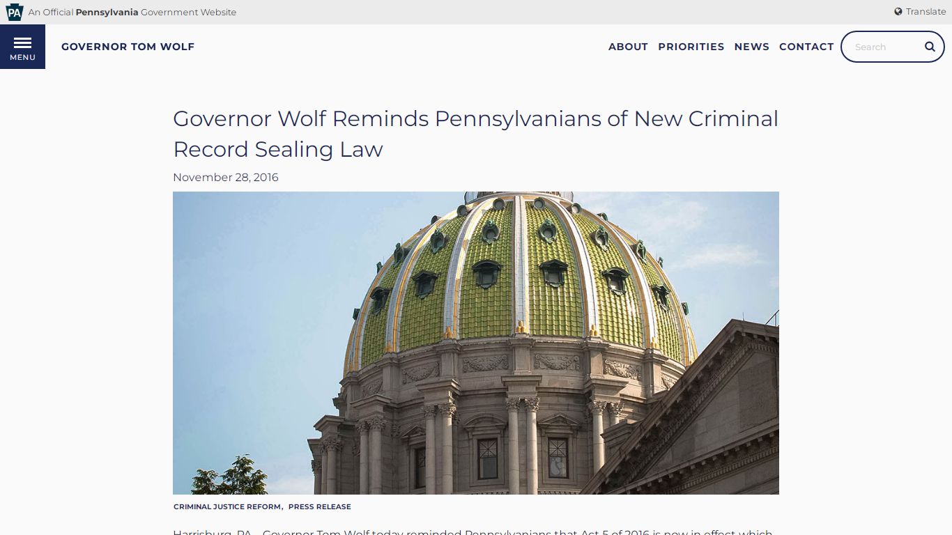 Governor Wolf Reminds PA of Criminal Record Sealing Law